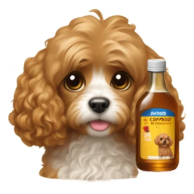 A cavapoo with light brown fur laying with a bottle of maple syrup next to her sticker