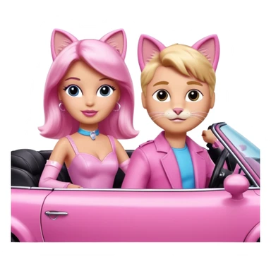 Barbie and Ken as cats, with visible whiskers and cat ears, wearing costumes, in a pink convertible sticker