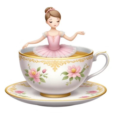 Porcelain tea cup with a floral pattern, steam rising, wearing a ballet tutu and in a graceful dance pose sticker