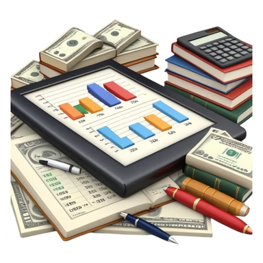 Icon for Business Reading: an open book with graphs, numbers, percentages, formulas, and text on the pages, next to a stack of books, a pile of dollars, a calculator, and a pen. The icon should represent the analytical and strategic nature of business literature. Transparent background. sticker