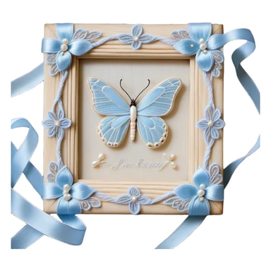 An antique ivory ribbon, embroidered with delicate silver filigree, twists gracefully over a weathered wooden table. A pale blue butterfly, its wings kissed with hints of opalescent shimmer, lands softly on the knotted bow. Around it, tiny pearl beads are scattered like dewdrops, catching the soft glow of candlelight. sticker