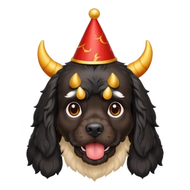 All black cocker spaniel with devil horns and a birthday hat on sticker