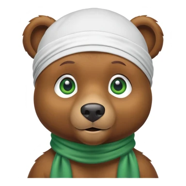 Cool brown bear with confident expression and green eyes wearing a crisp white durag with the ties showing, iOS emoji style sticker
