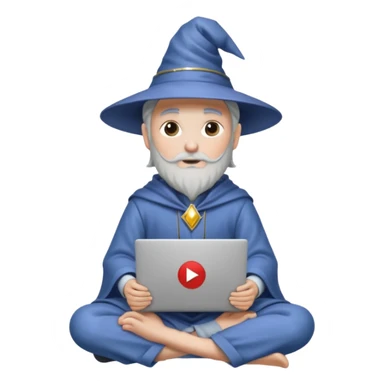 A wizard sitting with a laptop on his lap, the laptop looking like a Mac but with the YouTube logo on it sticker