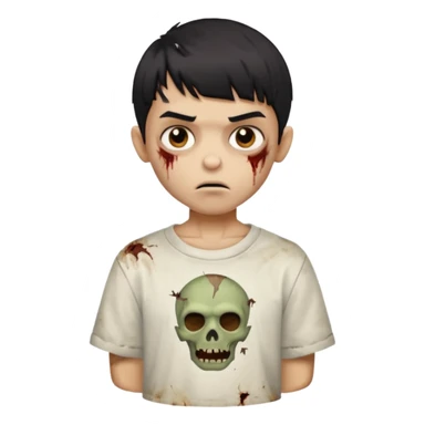 garoto zombie de cabelo liso preto com volume no formato de tigela, olhos marrom escuros, camisa branca, pele morena mas mais branca do que morena sticker