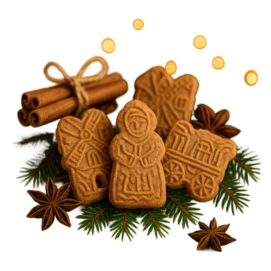 speculoos cookies arranged in a festive holiday setting, with cinnamon sticks and star anise, cozy atmosphere, white background sticker