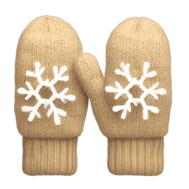 A pair of cozy knitted beige mittens with a snowflake design sticker