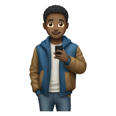 boy in blue jacket holding phone sticker