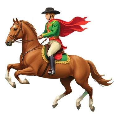 An icon showcasing a majestic horse and rider in full gallop across a lush green field. The background features a clear sky, distant mountains, and a vibrant landscape. The rider wears traditional gear, while the horse leaps with grace and power.  sticker
