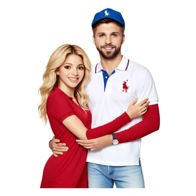 Shakira with blue eyes and her husband  Gerard pique with blue eyes holding her in his armsThey both laugh at each other its romantic&he wears a nice polo from Ralph Laurent in white& a nice baggy jeans with 97 Nike sneaker. She is wearing a romantic feminine short red dress with white open heels  sticker