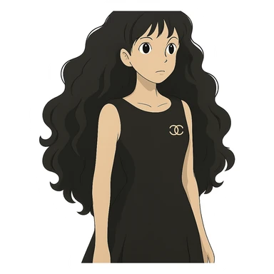 light skin girl with very long black curly hair, brown eyes, black Chanel dress sticker
