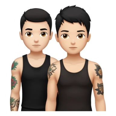 generate a fair boy with messy black hair, tattoos. standing beside a fair black haired girl wearing a black cami top and a boy with a buzz cut  sticker
