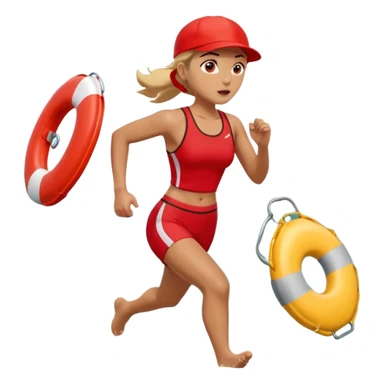 Female lifeguard – red cap, running along shore with rescue buoy sticker