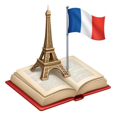 An icon featuring the Eiffel Tower and the flag of France, symbolizing the French language. The design includes an open book with French text, representing language learning and French culture. Transparent background highlights the elegance of the French-speaking world. sticker