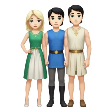 prince, standing upright, black Hair, blue eyes, garment,  woman, bending knee, white sleveless dress, blonde hair, green eyes, sticker