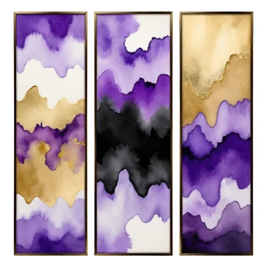 Black, white, gold, purple, abstract Watercolor paintings on three canvases next to each other  sticker