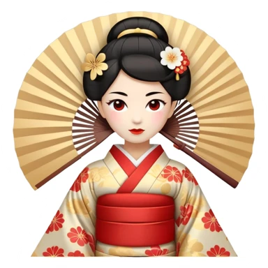Create a unique emoji inspired by the Japanese Shinguhotzudai era — blending traditional Japanese elements (such as kimono, fans, geisha, samurai) with modern abstract motifs typical of Shinguhotzudai. The facial expression should be emotional yet subtle, with soft animation effects. Use a pastel color palette with highlights of red and gold. Style should be minimalist, elegant, and emphasize inner harmony and strength. sticker