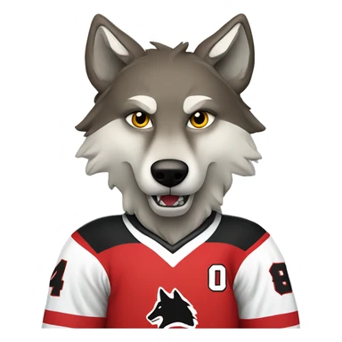 A wolf in a red black and white hockey uniform with a wolf emblem sticker