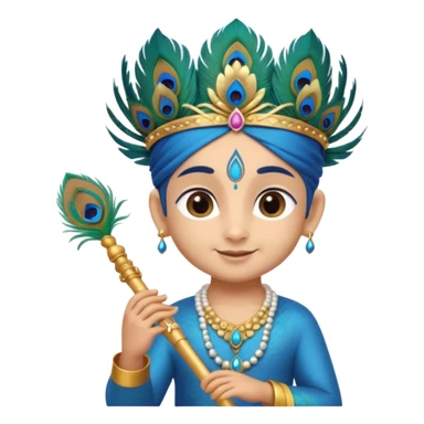 Cute young Krishna emoji, soft blue skin, peacock feather on crown, charming smile, holding a flute, big expressive eyes, round chibi emoji style, divine and joyful look." sticker