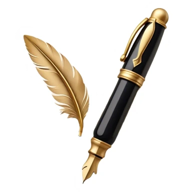 Create a delicate, artistic emoji representing poetry. The design should include a black fountain pen or quill with ink flowing gently onto a piece of parchment or scroll. Add soft, flowing lines to represent the fluidity of verse and creativity. Include elements like a small ink bottle or a feather in the background, and subtle accents of gold or silver to evoke elegance and inspiration. The overall design should feel light, romantic, and whimsical. Make the background transparent. sticker