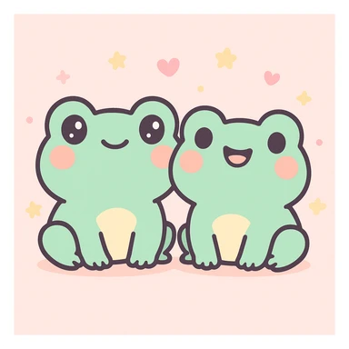 two cute frog friends sitting together, cartoon style sticker
