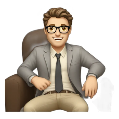 Joyful thrumb up Pale skinned Fit Man With dark brown hair in gray jacket, beige office shirt, Brown pants and vintage glasses sitting In a soft chair sticker