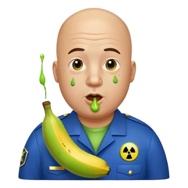 bald a bit fat man in a blue uniform eats a toxic green radioactive banana sticker