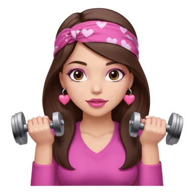 Pink and clothes emoji, inspired with brunette hair, brown eyes, long hair, heart shape lips and pink make up  and pink nails, mauve pink blush and a chocolate brown bandana lifting dumbbells sticker