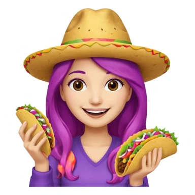 woman holding taco with purple long hair and hat on head sticker