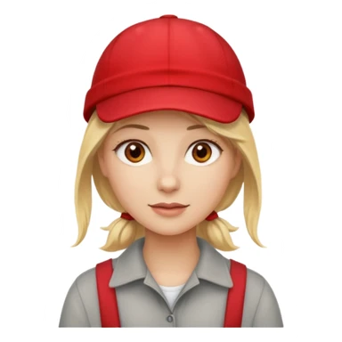 A blonde woman with light brown eyes with white skin and wearing a red cap sticker
