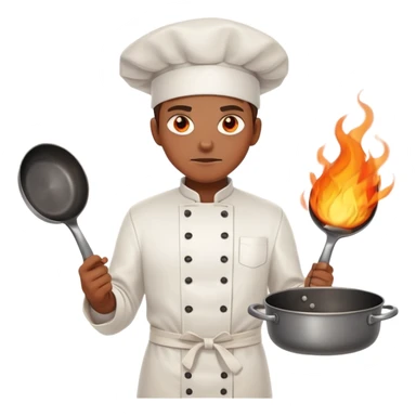 determined chef with fiery eyes, holding two crossed cooking pans defensively across chest sticker