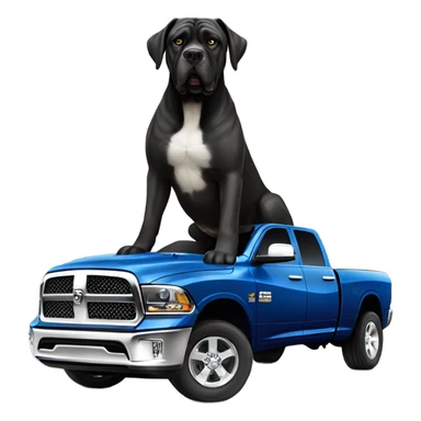 A Cane Corso driving a gold and blue Dodge Ram 1500. sticker
