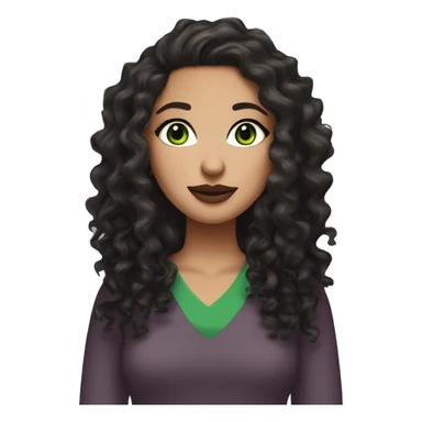 Create an emoji-style character of a white girl with green eyes, long black curly or wavy hair, wearing earrings. She has a green v-neck top, wears mascara, and is styled with mauve lipstick sticker