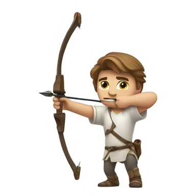 a male archer aiming with a bow looking at his target, wearing a white shirt, very show brown hair, bright skin sticker