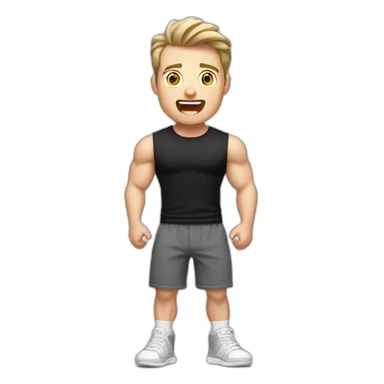 amazed Open with surprise mouth Pale skinned Fit Man With the biceps and dark brown hair in black shirt, gray sports shorts and white Sneakers sticker