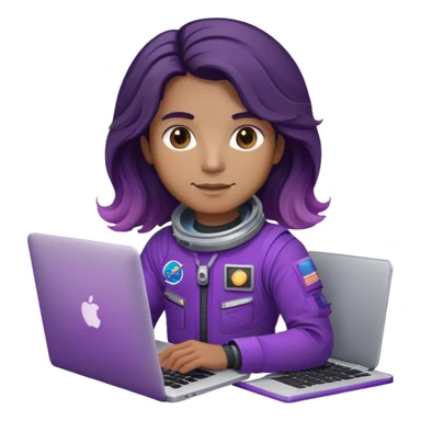 astronaut with purple suit, long ombre black/brown wavy hair and a macbook sticker