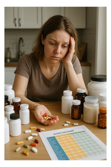 a woman in her 30s sits at her kitchen table, surrounded by dozens of supplement bottles, powders, and pills. She looks anxious and fatigued, with her head resting in one hand while the other holds a handful of colorful capsules. On the table, a nutrition chart is ignored, and her skin appears slightly dull or stressed. The mood is cautionary and educational. sticker