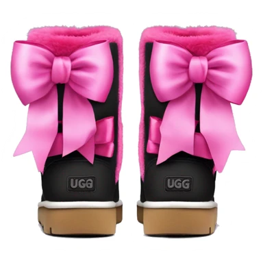 Pair of black and hot pink Ugg fur boots laced up with pink silk ribbon bows. sticker