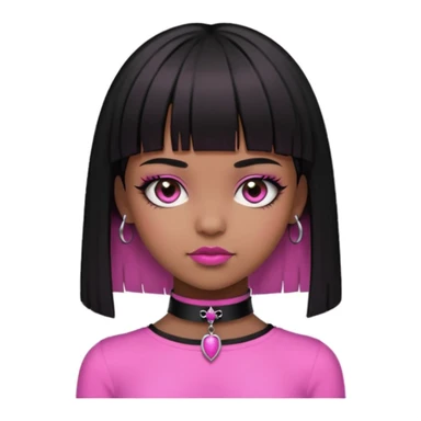 brown skin, straight hair with the ends curved upwards, bangs above the eyebrow, dark brown eyes, girl, half gothic and pink style   sticker