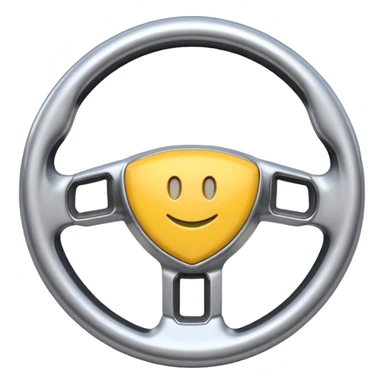 A futuristic steering wheel emoji made of silver chrome, minimal geometric design, smooth metallic surface, soft reflections, iOS emoji style, centered, clean white background sticker