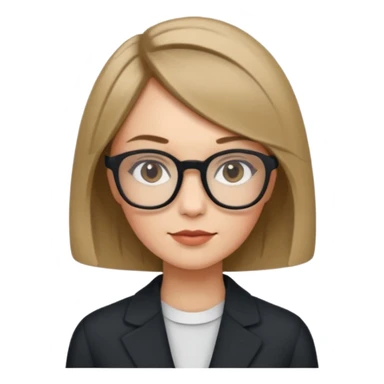 woman dark blonde petite bob haircut wears dark squarish glasses, classic clothes sticker
