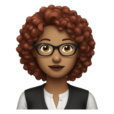 woman with glasses, blue eyes, curly burgundy hair, hair length to the soulders, dressed all black sticker