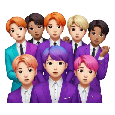 Cinematic Realistic group portrait of BTS featuring all 7 members in stylish modern attire, with detailed facial expressions and vibrant colors, captured in dynamic, contemporary lighting that emphasizes their global pop icon status sticker