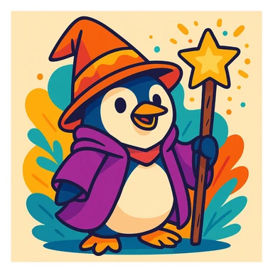 a penguin dressed as a wizard, with a pointy hat and a magic staff, in a fun and whimsical style, colorful cartoon sticker