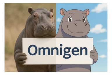 two hippo holding sign of omnigen, half picture 1 hippo is realistic another half is the anime of that same second hippo sticker