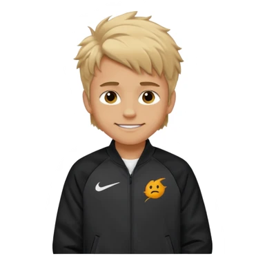 make a boy with fluffy dirty blond hair hazel eyes tan white smirky smile and nike tech sticker