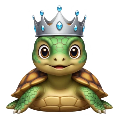 a cute domestic turtle with big eyes and with a silver tiara sticker