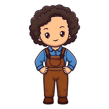 white girl with dark brown curly hair, brown eyes, wearing farm clothes sticker