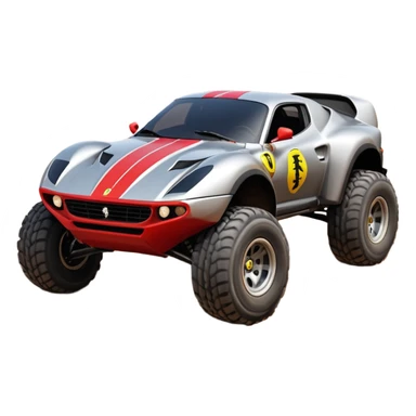 Satan’s and Vader (post race) Ferrari -colored Dirty and dented Local Motors Rally Fighter off road race car hot rod trophy truck-style basher flying on a dusty road (silver wheels) sticker