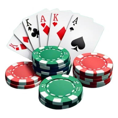 A photorealistic icon featuring playing cards and a stack of poker chips on a green felt table. Bright, detailed design with realistic textures and lighting. Transparent background, clearly symbolizing card games and strategy. sticker